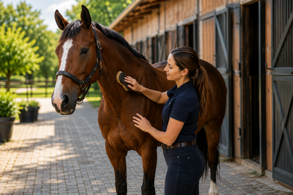 Horse care and grooming at a clean equestrian stable